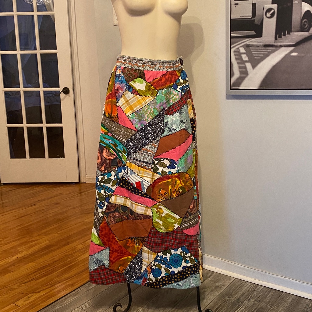 Vintage 1970s Crazy Quilted Hand Made Patchwork Colorful Skirt